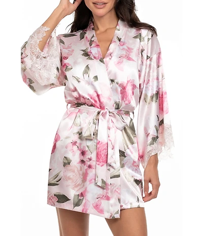 In Bloom By Jonquil Satin Floral 3/4 Sleeve Tie-Front Coordinating Short Lingerie Robe