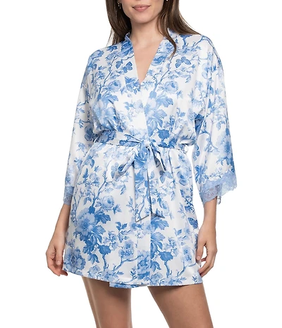 In Bloom By Jonquil Satin Floral Print 3/4 Sleeve Coordinating Short Lingerie Robe