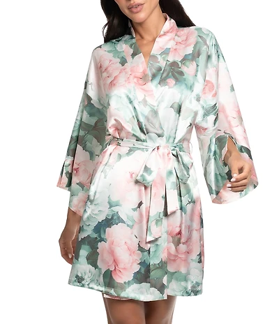 In Bloom By Jonquil Satin Floral Print 3/4 Sleeve Coordinating Short Robe