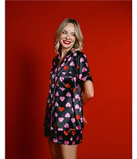 In Bloom By Jonquil Satin Heart Print Short Sleeve Notch Collar Shorty Pajama Set