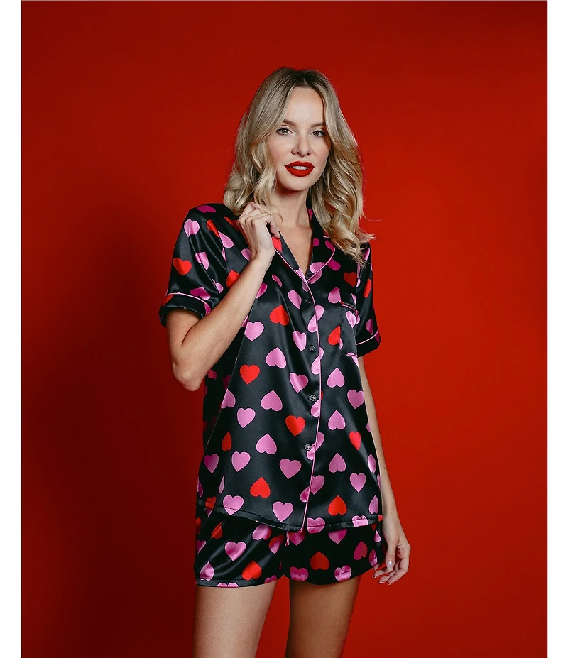 In Bloom By Jonquil Satin Heart Print Short Sleeve Notch Collar Shorty Pajama Set