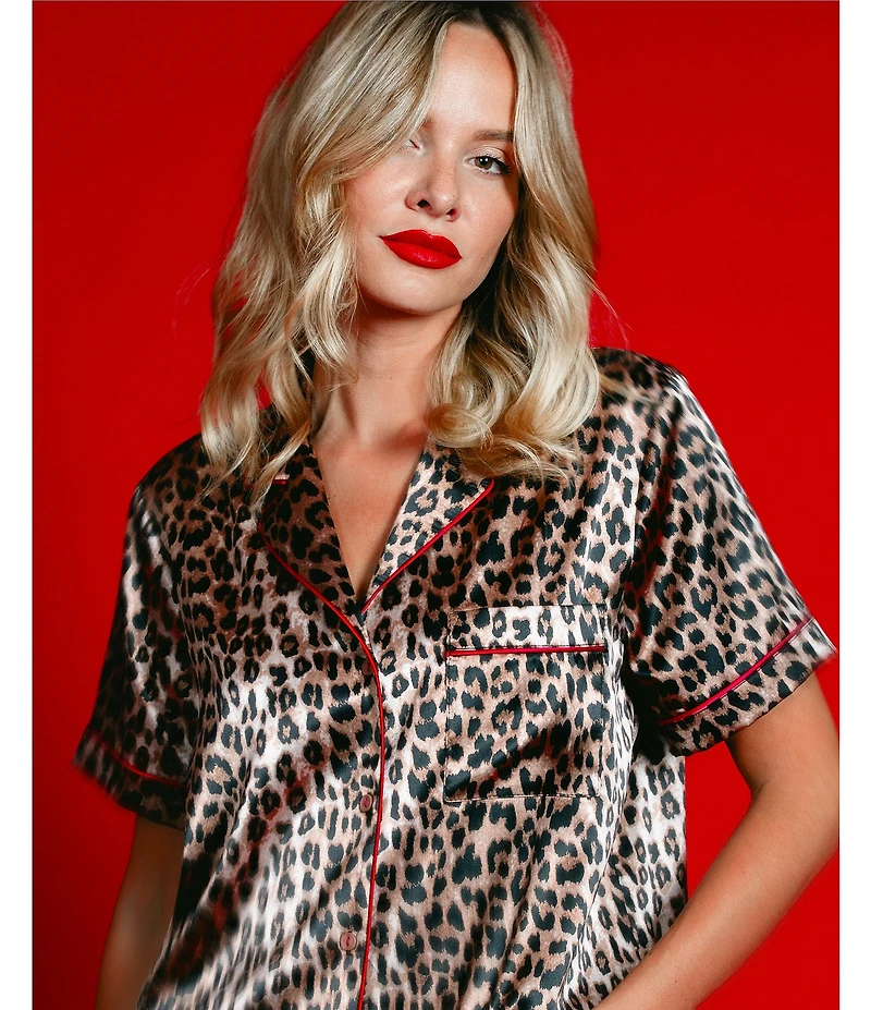 In Bloom By Jonquil Satin Short Sleeve Notch Collar Button-Front Shorty Leopard Print Pajama Set