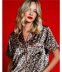 In Bloom By Jonquil Satin Short Sleeve Notch Collar Button-Front Shorty Leopard Print Pajama Set