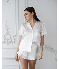 In Bloom By Jonquil Satin Short Sleeve Notch Collar Button-Front Shorty Ruffled Pajama Set