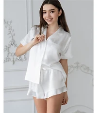 In Bloom By Jonquil Satin Short Sleeve Notch Collar Button-Front Shorty Ruffled Pajama Set