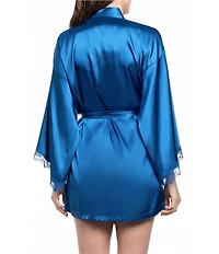 In Bloom by Jonquil Scallop Lace 3/4 Kimono Sleeve Shawl Collar Short Satin Wrap Robe
