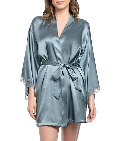 In Bloom by Jonquil Scallop Lace 3/4 Kimono Sleeve Shawl Collar Short Satin Wrap Robe