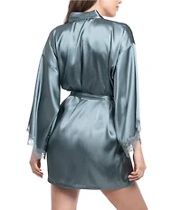 In Bloom by Jonquil Scallop Lace 3/4 Kimono Sleeve Shawl Collar Short Satin Wrap Robe