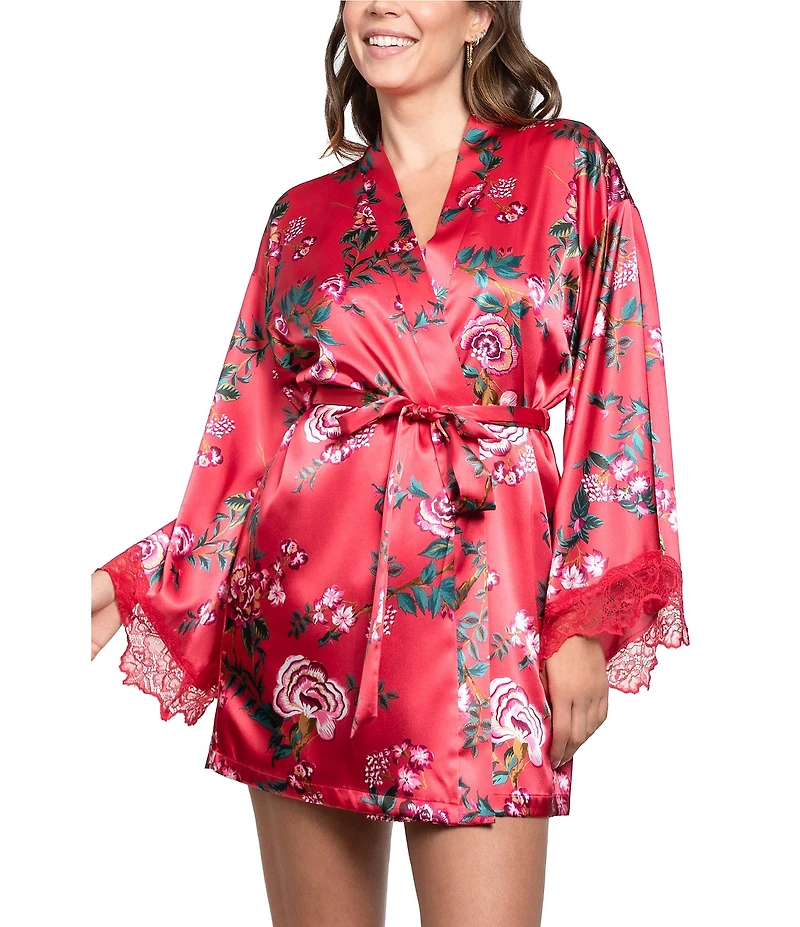 In Bloom by Jonquil Scallop Lace Long Kimono Sleeve Shawl Collar Short Satin Wrap Robe
