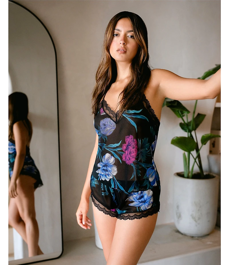In Bloom By Jonquil Sheer Floral Print Sleeveless V-Neck Chiffon & Lace Micro Shorty Pajama Set