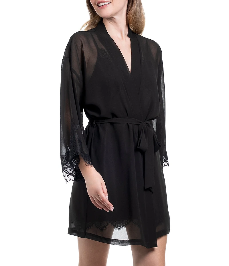 In Bloom By Jonquil Solid 3/4 Sleeve Chiffon Short Robe with Lace