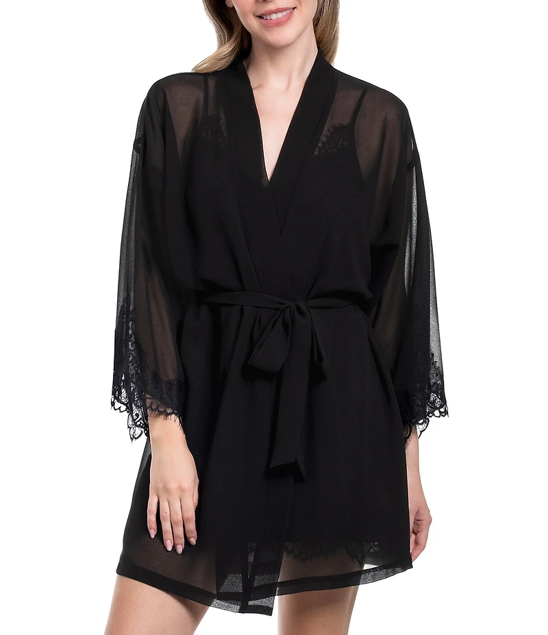 In Bloom By Jonquil Solid 3/4 Sleeve Chiffon Short Robe with Lace