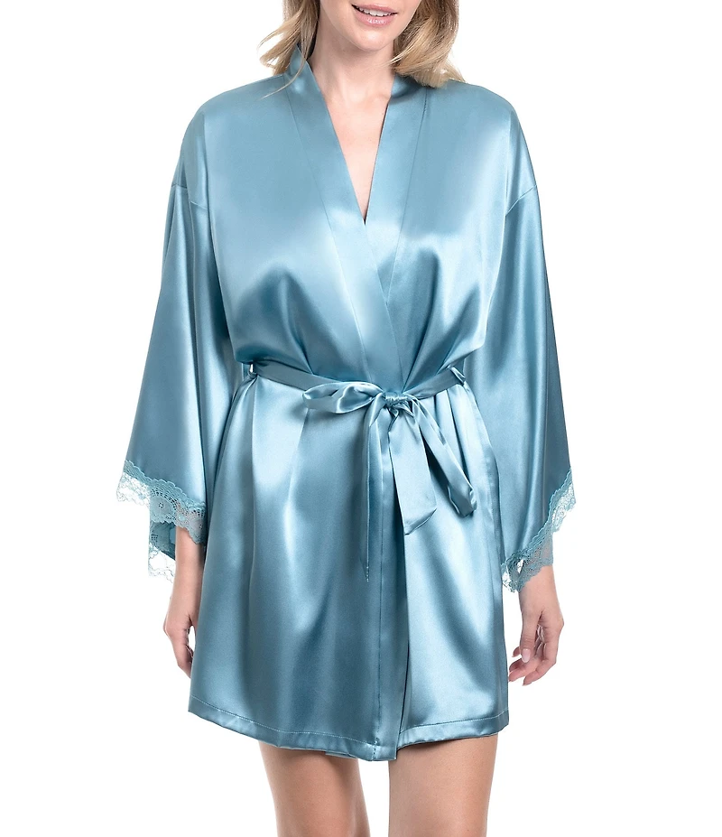 In Bloom by Jonquil Solid 3/4 Sleeve Lace Satin Short Robe