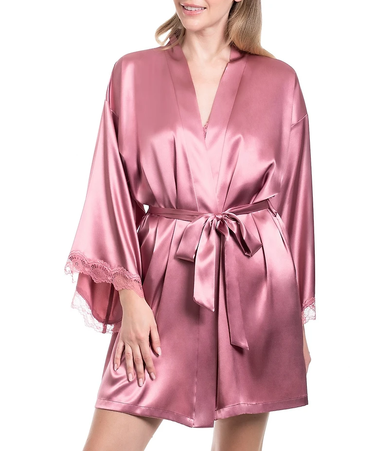 In Bloom by Jonquil Solid 3/4 Sleeve Lace Satin Short Robe