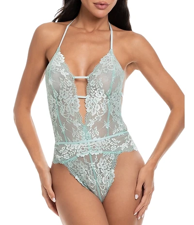 In Bloom By Jonquil Two-Tone Floral Lace Halter Neck Plunging V-Neck Teddy
