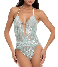 In Bloom By Jonquil Two-Tone Floral Lace Halter Neck Plunging V-Neck Teddy