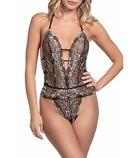 In Bloom by Jonquil Two-Tone Floral Lace Halter Neck Plunging V-Neck Teddy