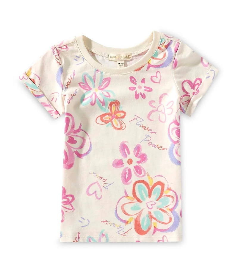 Indie Gold Little Girls Roll-Sleeve Graffiti-Printed T-Shirt
