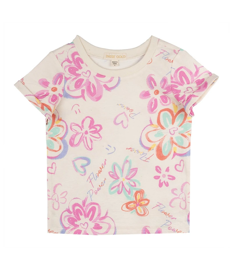 Indie Gold Little Girls Roll-Sleeve Graffiti-Printed T-Shirt