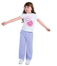 Indie Gold Little Girls Roll-Sleeve Smiley Face Graphic T-Shirt