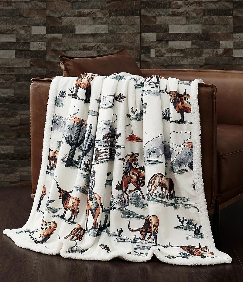 Indigo Hill by HiEnd Accents Ranch Life Western Toile Campfire Sherpa Cozy Throw and Pillows Set