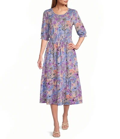 Intro Abstract Floral Print Knit Scoop Neck Elbow Sleeve Smocked Waist Tiered Dress