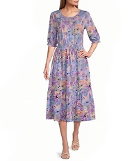 Intro Abstract Floral Print Knit Scoop Neck Elbow Sleeve Smocked Waist Tiered Dress