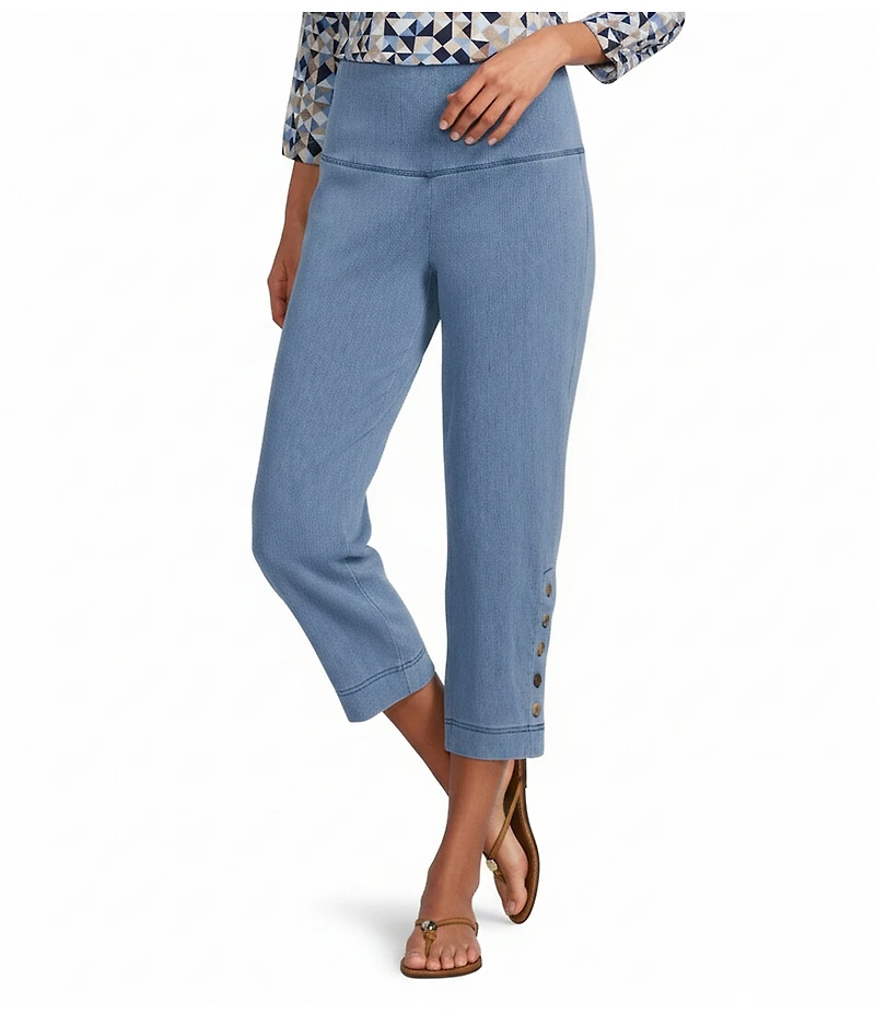Intro Aimee Knit Denim Coconut Button Hem Pull-On Straight Leg Capri Pants