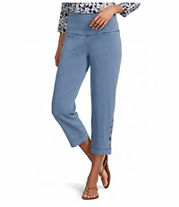 Intro Aimee Knit Denim Coconut Button Hem Pull-On Straight Leg Capri Pants