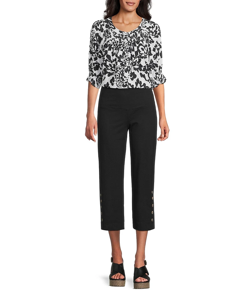 Intro Aimee Solid Suave Knit Straight Leg Tummy Control Coconut Button Hem Pull-On Pants