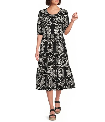 Intro Baroque Print Knit Scoop Neck Elbow Sleeve Smocked Waist Tiered Dress