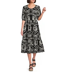 Intro Baroque Print Knit Scoop Neck Elbow Sleeve Smocked Waist Tiered Dress
