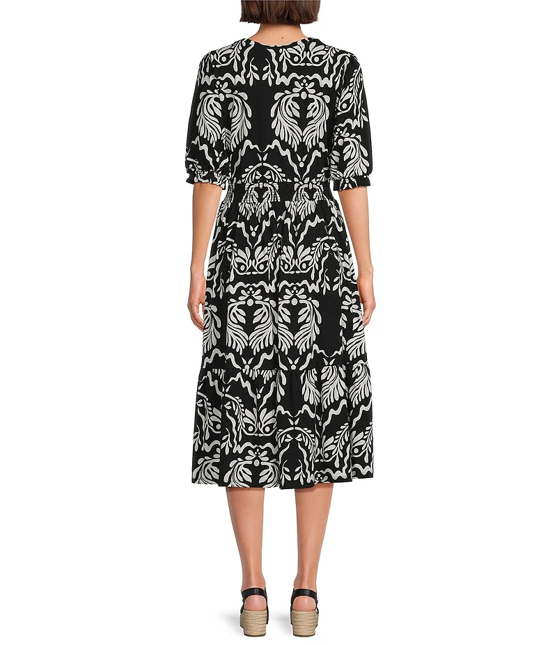 Intro Baroque Print Knit Scoop Neck Elbow Sleeve Smocked Waist Tiered Dress