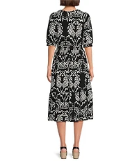 Intro Baroque Print Knit Scoop Neck Elbow Sleeve Smocked Waist Tiered Dress