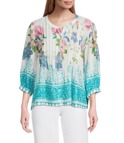 Intro Begonia Floral Border Print 3/4 Sleeves Banded Split V-Neckline Pleated Button Front Blouse
