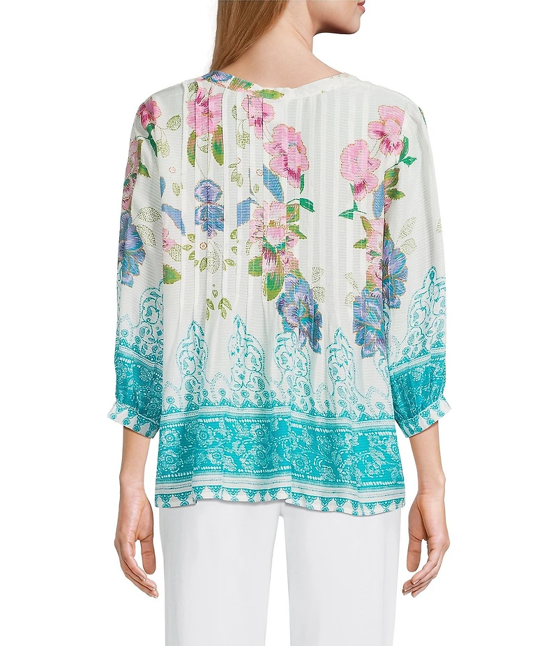 Intro Begonia Floral Border Print 3/4 Sleeves Banded Split V-Neckline Pleated Button Front Blouse