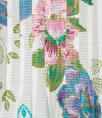 Intro Begonia Floral Border Print 3/4 Sleeves Banded Split V-Neckline Pleated Button Front Blouse