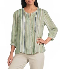 Intro Bok Choy Brush Stroke Print Pleated Button Front Blouse