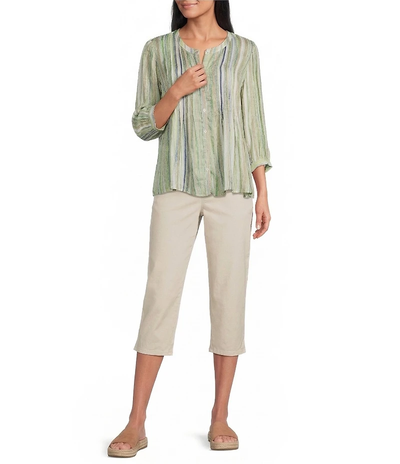 Intro Bok Choy Brush Stroke Print Pleated Button Front Blouse