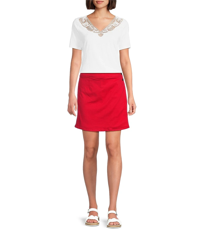 Intro Cotton Linen Blend Embroidered Lace V-Neck Short Sleeve Tee