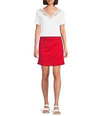 Intro Cotton Linen Blend Embroidered Lace V-Neck Short Sleeve Tee