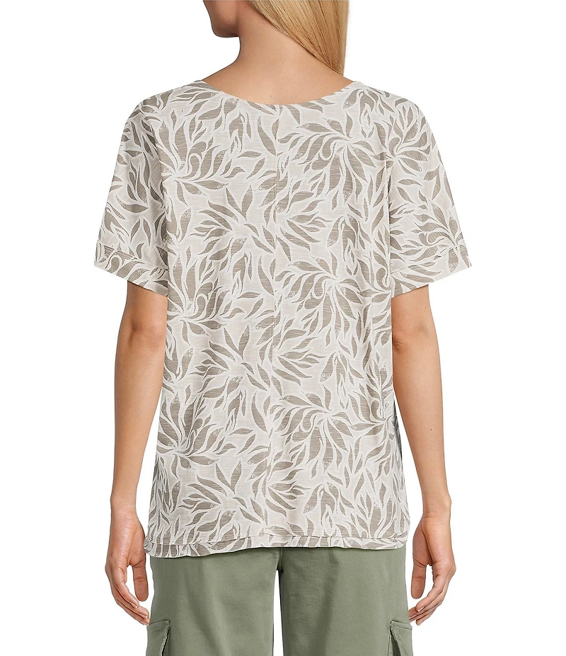 Intro Cotton Slub Jersey Abstract Leaf Print V-Neck Short Sleeve Tee Top