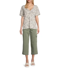 Intro Cotton Slub Jersey Abstract Leaf Print V-Neck Short Sleeve Tee Top