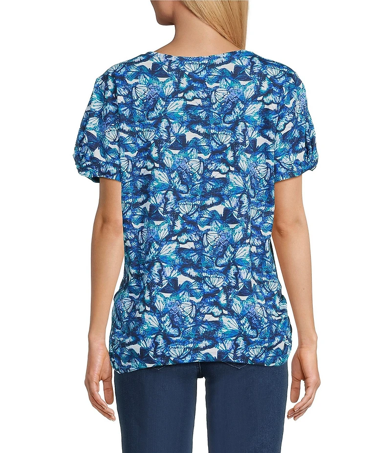 Intro Cotton Slub Printed Scoop Neck Short Twist Sleeve Rushed Tee