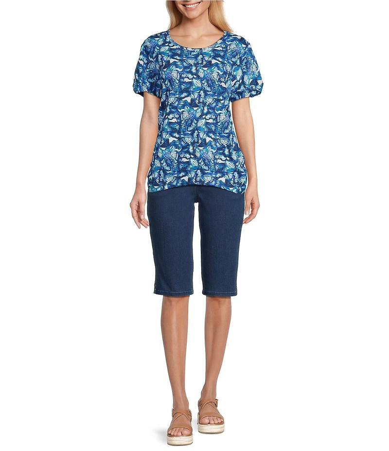 Intro Cotton Slub Printed Scoop Neck Short Twist Sleeve Rushed Tee