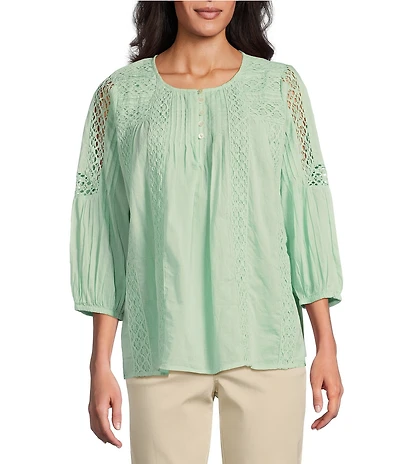 Intro Cotton Voile Crew Neck 3/4 Sleeve Lace Trim Peasant Blouse
