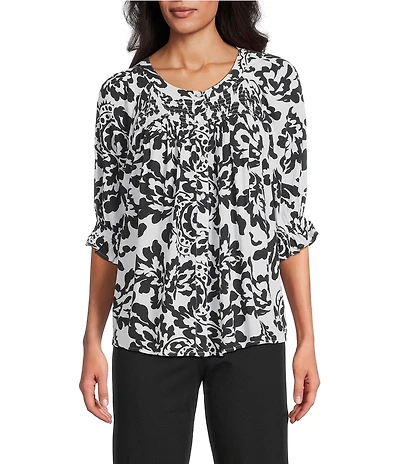 Intro Crinkle Gauze Floral Scoop Neck Elbow Sleeve Button-Front Blouse