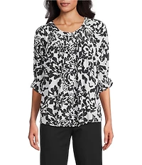 Intro Crinkle Gauze Floral Scoop Neck Elbow Sleeve Button-Front Blouse