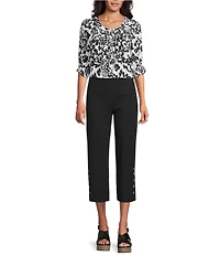 Intro Crinkle Gauze Floral Scoop Neck Elbow Sleeve Button-Front Blouse