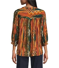 Intro Crinkle Gauze Ikat Print Crew Neck 3/4 Sleeve Smocked Detail Button-Front Blouse